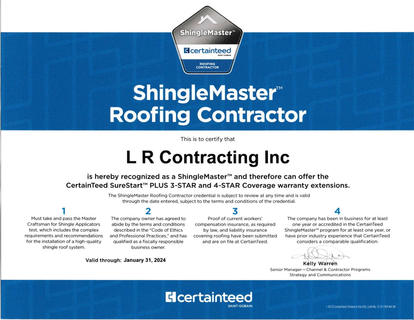 CertainTeed  - ShingleMaster Roofing Contractor Certificate